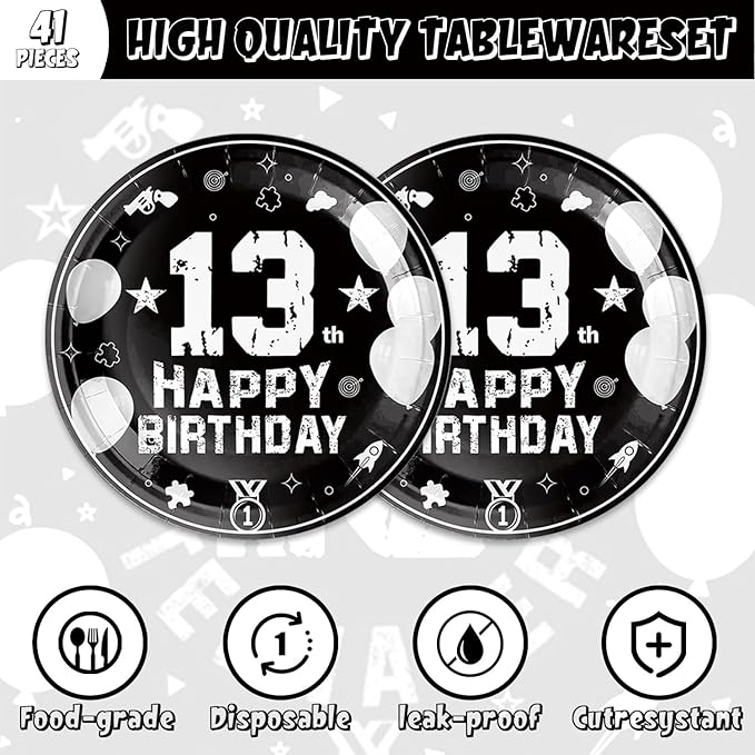 41pcs 13th Party Supplies - 20 Dessert Plates, 20 Napkins, 1 Tablecloth for Black Silver Birthday Party Decoration