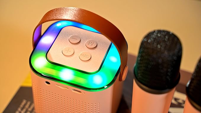 Mini Karaoke Machine with 2 Wireless Microphones for 5+ Years Old Kids, Rechargeable Portable Bluetooth Karaoke Singing Speaker with Voice Changing, RGB Light, for Birthday, Family, Home Party Gift