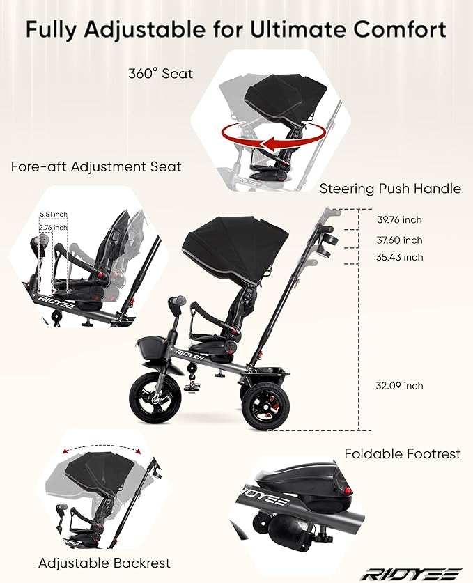 7-in-1 Tricycle for 18 Months to 5 Years, All-Terrain Rubber Tires, Dual Wheel Brakes, Rotatable Seat for Toddlers 1.5-3, Tricycle for 3-5 Years with DIY Stickers, Grey