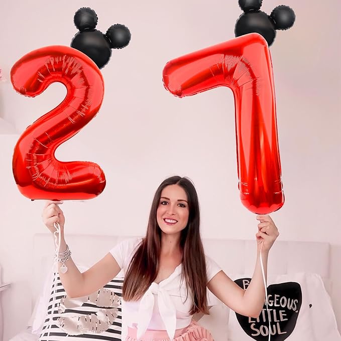 Mouse Number 7 Balloon 40 Inch Red Number 7 Balloon Mini Mouse Head Balloon for 7th Birthday Party, Black Red Large Number 7 Foil Balloon for Baby Shower Anniversary Supplies Decorations