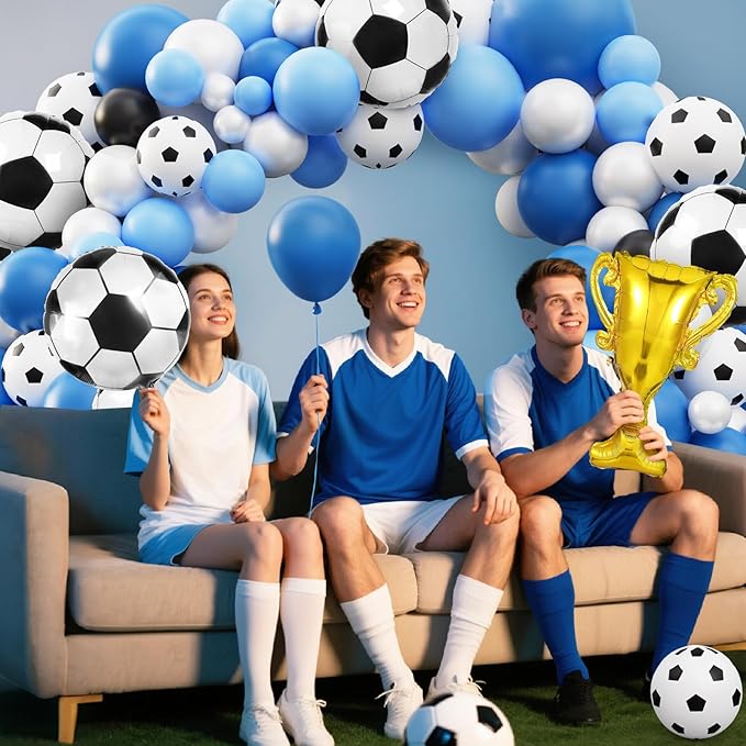 Soccer Balloon Garland Arch Kit, 103Pcs 18 12 10 5inch Blue White Soccer Balloons with 18inch Football Foil Balloons for Sports Theme Soccer Party Decorations