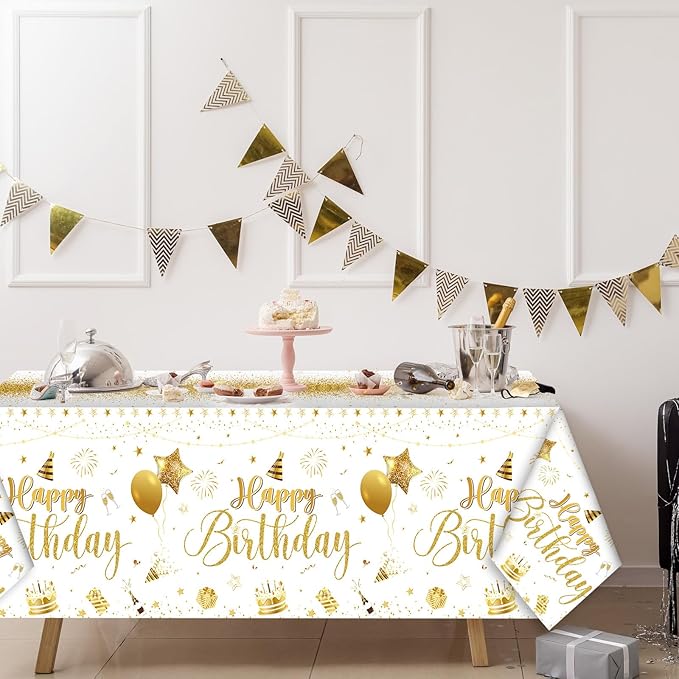 Tudomro 3 Pcs Happy Birthday Tablecloths Happy Birthday Party Decorations Plastic Table Cover Rectangular Cloths for Women Men Baby Shower Party Supplies, 108 x 54 Inch (White Gold)