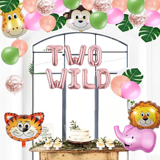 Two Wild Birthday Party Decorations, Jungle Themed Secend Girl Birthday Party Supplies Set Cute Animals Head Balloons and Two Wild Banner for Girls 2nd Jungle Birthday Decor