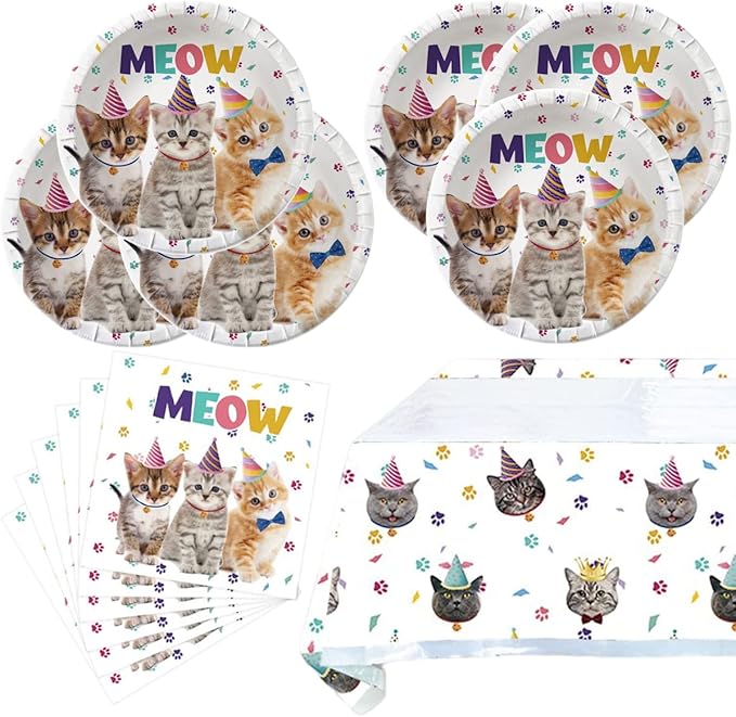 Cat Party Supplies Tableware ,20 Plates and 20 Napkins and Tablecloth71 '' x 42 '',Kids Cat Birthday Theme Party Decorate Supplies