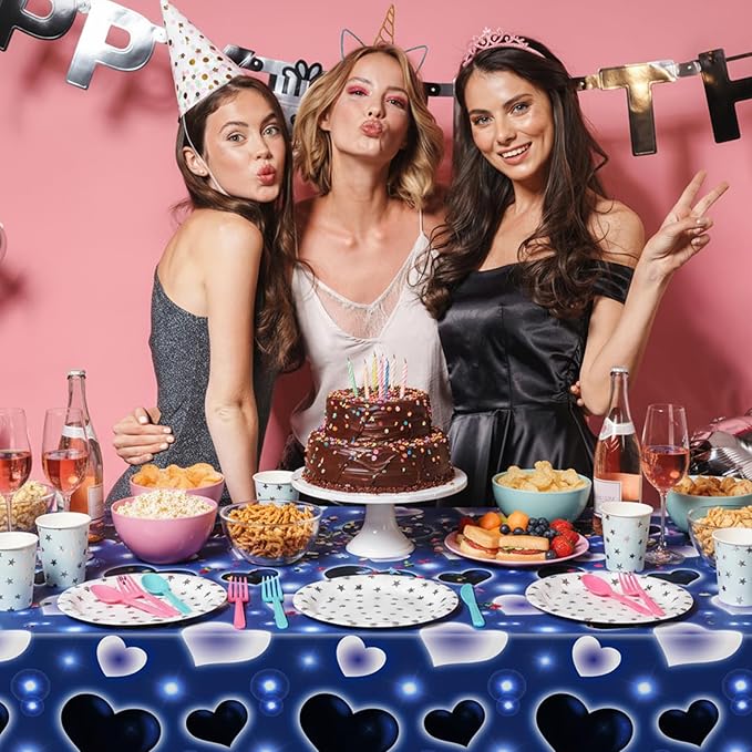 Tudomro 3 Pack 2000s Tablecloth Decoration 54 x 108 Inches Cholo Party Table Cover Y2k Party Decoration Heart Disposable Kpop Table Cloth for Birthday Supplies(Blue)