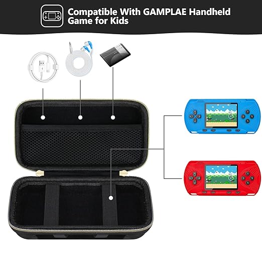 Supmay Carrying Case for GAMPLAE Handheld Game for Kids, 258 Retro Video Games Portable Gaming Player Storage Holder Travel Bag with Mesh Pocket for 3 Game Cards, Earphone,USB Cable, Black
