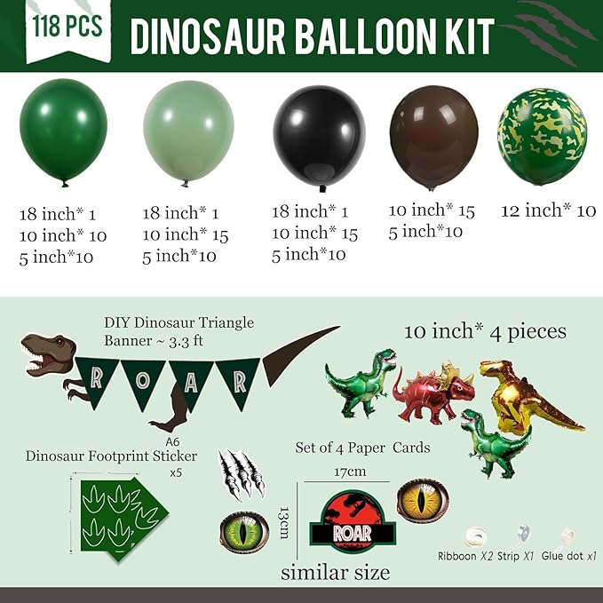 Dinosaur Birthday Party Decorations Includes Green and Brown balloon arch & Cute Small dino Foil balloons & Banner Footprint Sticker for kids jungle Safari dino ROAR Themed Supplies