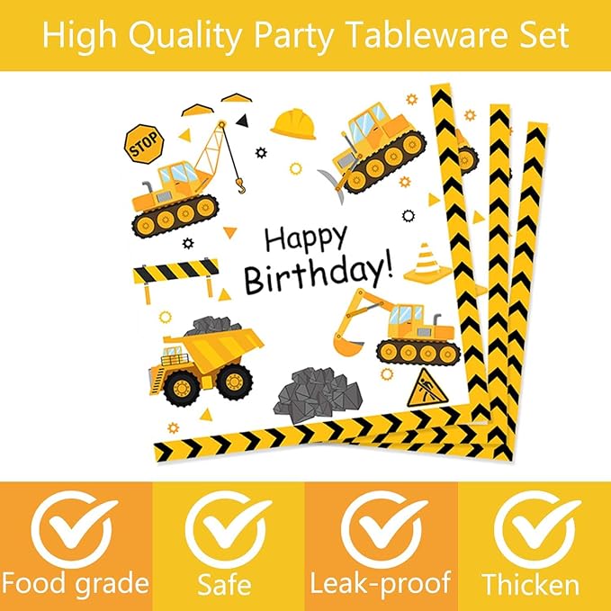 118pcs Construction 2nd Birthday Decor Construction Two Years Old Paper Dinner Plates Napkins Forks Cups Tablecloth Banner Dinnerware for Dump Truck Theme 2nd Bday Party Supplies Decorations