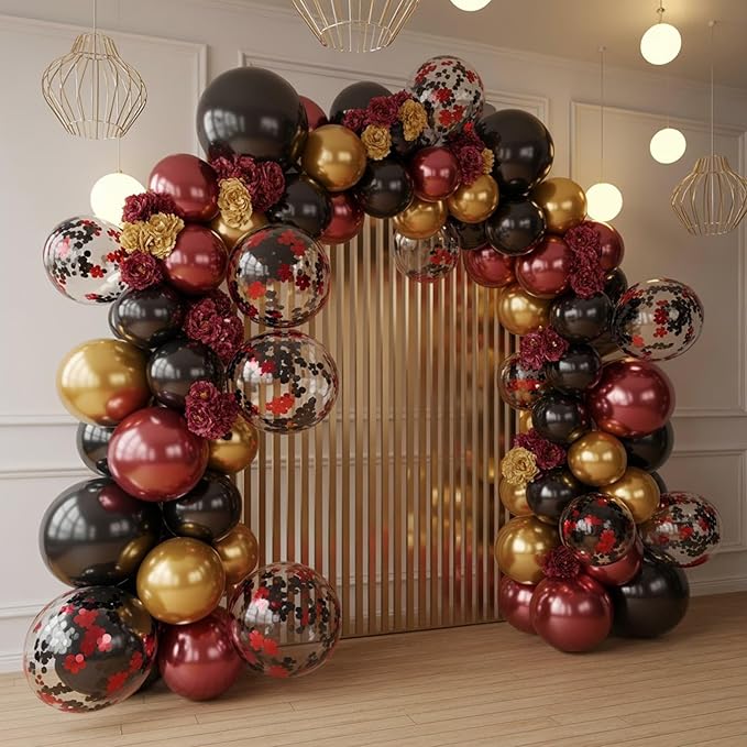 Black Burgundy Gold Balloons,12 Inch Metallic Gold Burgundy Maroon Red Black Latex Confetti Balloon for Kids Baby Shower Party Decoration