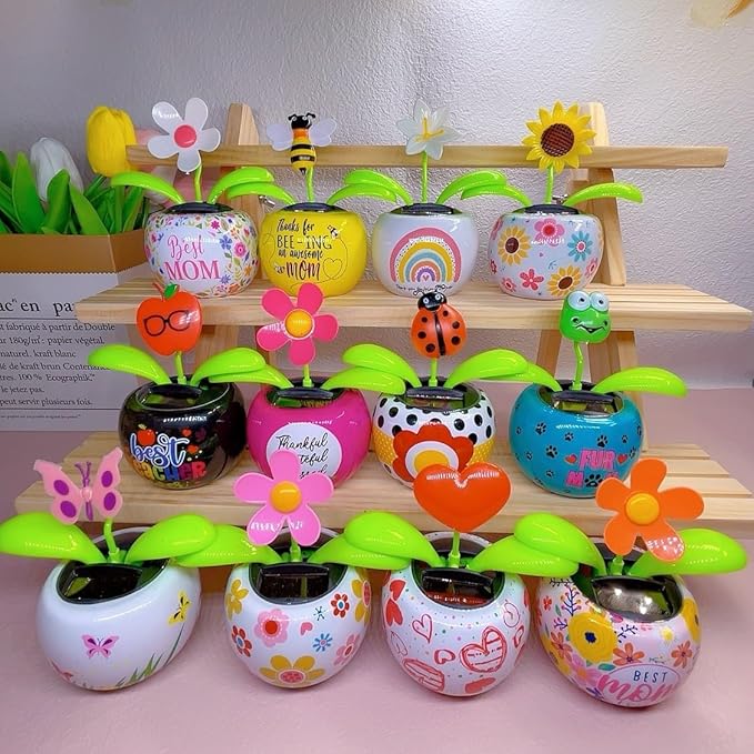 Pink Flower Solar Powered Dancing in Colorful Shape Flip Flap Animated Bobblehead Dancer Window Sun Catcher Car Dashboard Decor Solar Power Kits,Learning and Education