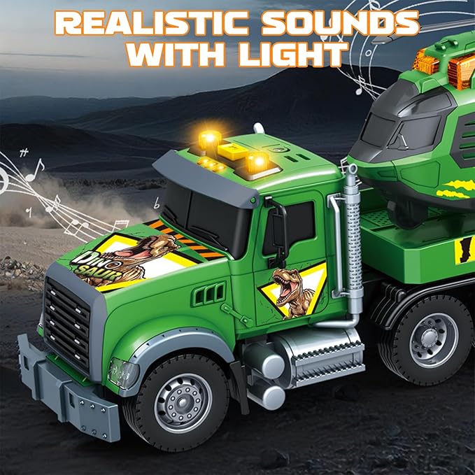 Carrier Dino Truck Kids Toys,21" Semi Truck Toy with Helicopter & Dinosaur Toy with Lights & Sounds,Large Friction Powered Vehicles for Toddlers Age 3 4 5 6 7,Christma Birthday Gifts for Boys Girls