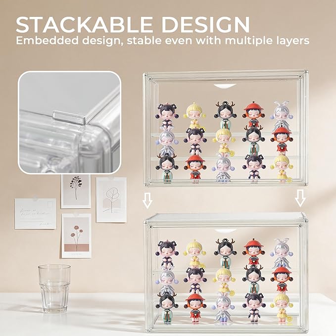 Clear Acrylic Display Case for Collectibles 3 Layer Adjustable Figure Display Box with 2 Movable Plates, Stackable Figurine Display Shelf with Magnetic Door for Action Figures, Funko (AY03-XLarge-2)