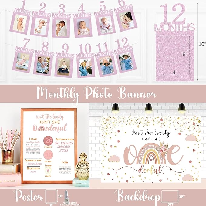 Isn't She Lovely Isn't She Onederful First Birthday Decorations, 147 PCs – Onederful 1st Party Supplies with Boho Rainbow Backdrop, Balloon Garland, Cake Topper, Daisy Foil Balloons