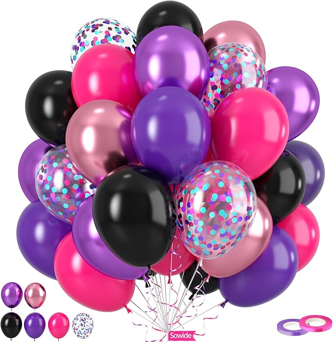 Purple Pink Black Balloons, 50Pcs 12 Inch Black Hot Pink Dark Purple Metallic Magenta Confetti Balloons for Girl Women Themed Birthday Party Bachelorette Baby Shower Wedding Celebration Decorations