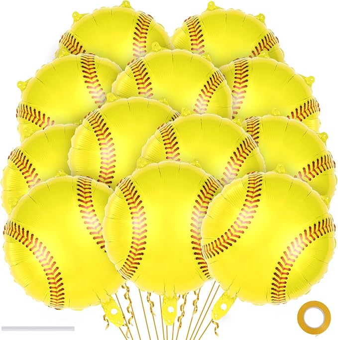 12 Pcs Yellow Baseball Balloons,18 Inch Baseball Party Foil Balloons,Sports Mylar Balloons Baseballs Birthday Decorations for Baseballs Party Sports Theme Party Supplies