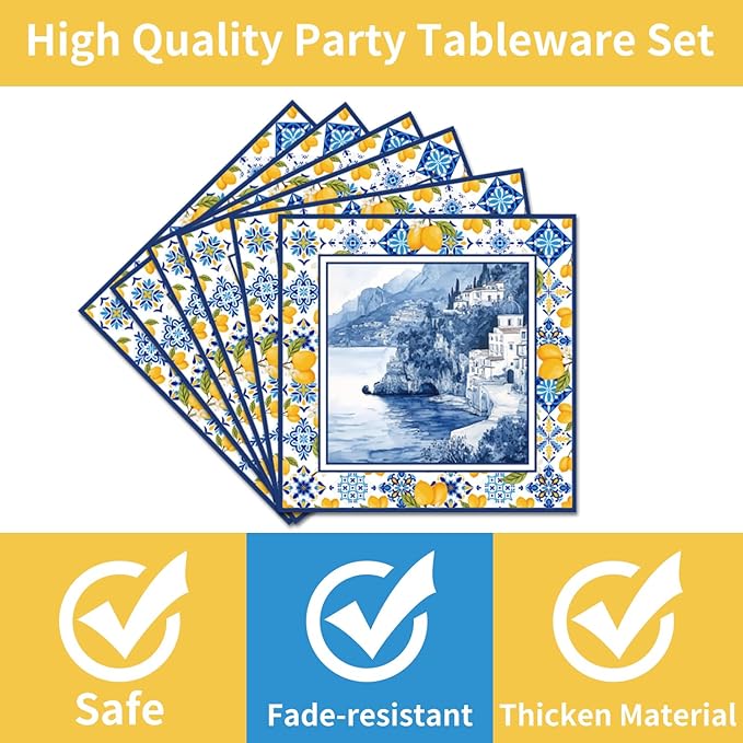 96 Pcs Amalfi Coast Party Decorations, Capri Lemon Plates and Napkins Tableware Set, Capri Lemon Party Supplies for Kids Birthday Baby Shower, Disposable Dinnerware Serve 24 Guests