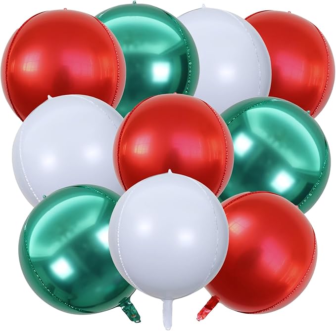 KALOR 22 Inch Red Green and White Foil Balloons, 10 Pcs Large 4D Giant Round Metallic Foil Balloon for Birthday Party Baby Shower Graduation Party Decorations