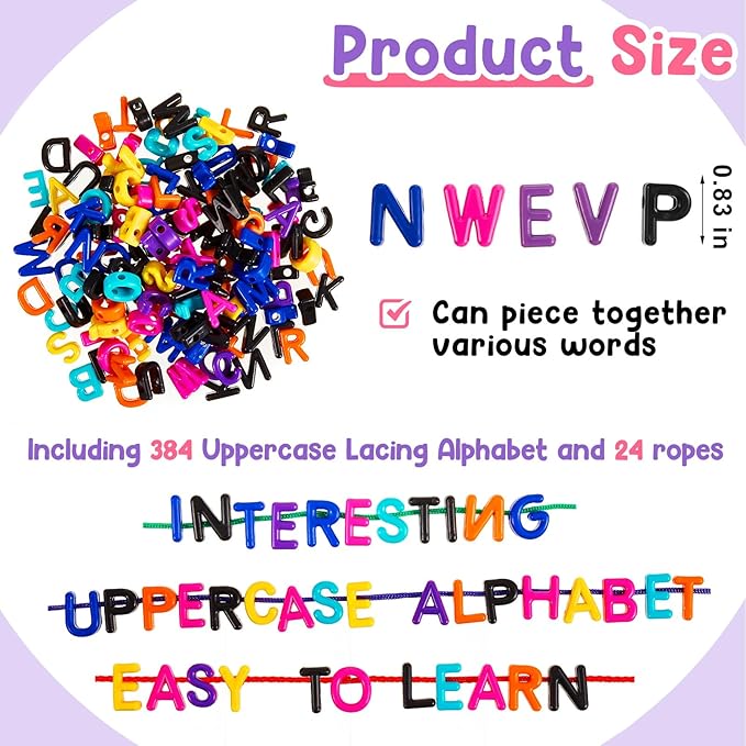 Wesiti Lacing Letters Beads Alphabet Learning Toys Toddler ABC Alphabet Beads Lacing Sports Skills Toys for Preschool Games Homeschool Supplies Early Spelling(Uppercase Letters,408 Pcs)