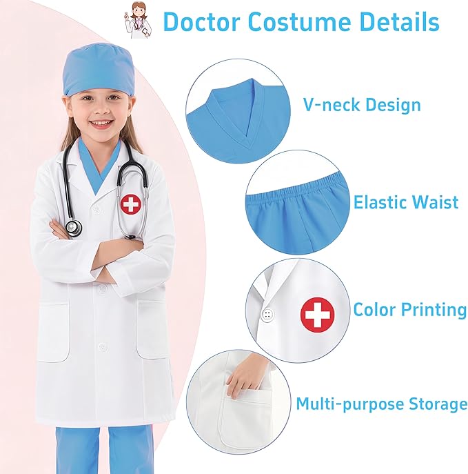 Doctor Costume for Kids 9PC Boys Girls Doctor Role Play Outfit with Bag Kids Scrubs Dress Up for Pretend Play