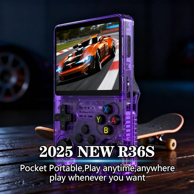 Retro Game Console R36S Handheld Game Console with 64GB Preloaded Games, Save/Load Function, 3.5" HD IPS Screen, Portable Emulator Console for Family, Adults & Nostalgic Players (Purple R36s 3.5")