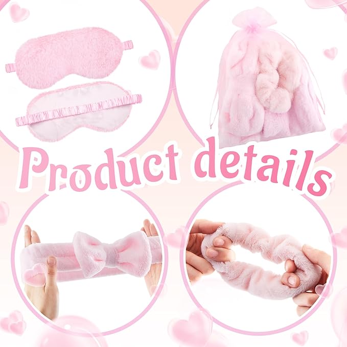 36 Pcs Sleepover Party Supplies for Girl Spa Slumber Birthday Favors Throw Blanket Pillow Eye Mask Headband Scrunchies (Solid Color,Pink)