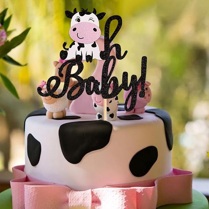 1 PCS Cow Oh Baby Cake Topper Glitter Farm Animals Cake Pick for Gender Reveal Theme Baby Shower Kids Birthday Party Decorations Supplies