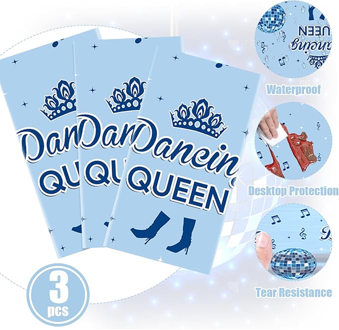 3pcs Dancing Queen Plastic Tablecloth, 54 x 108 Inch Mamma Mia Party Table Cover, 70s Disco Ball Tablecloth for Mamma Mia Bachelorette Party, 17th Blue Birthday Party Decorations