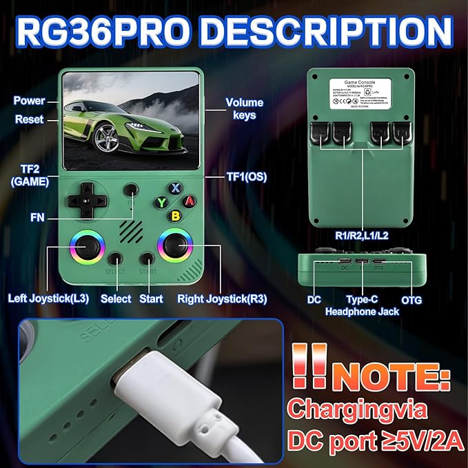 RG36PRO Handheld Game Console - 3.5-Inch Screen, Support 30000+Classic Games, 64G TF Card, Open Source System, 3000mAh Battery, Portable Console for Travel, Gift for Adult or Partner-Green