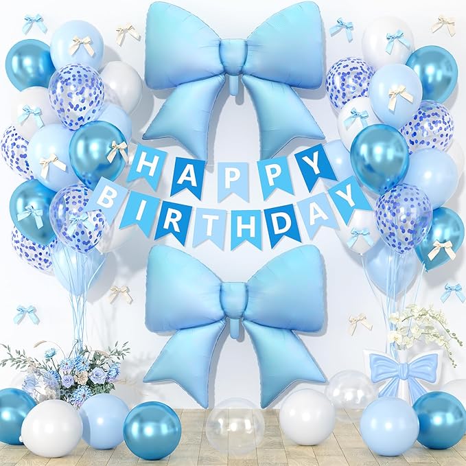 Blue Bow Birthday Decorations, Blue Happy Birthday Banner with Satin Ribbon Mini Bows Decor, White and Clear Balloons and Bow Foil Balloon for Girls Birthday Bows Theme Party Supplies
