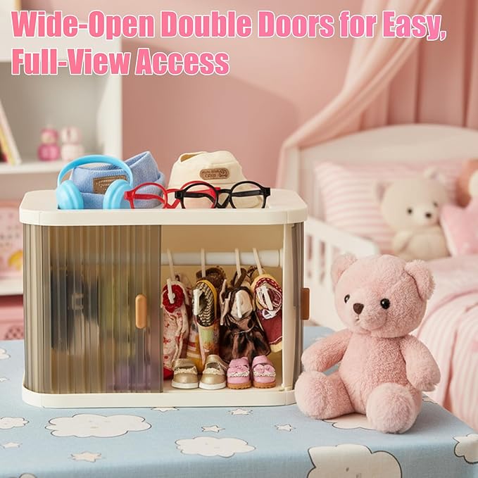 Foldable Doll Wardrobe Closet Compatible with Labubu Clothes – Stackable Storage Box with 10 Hangers, Rod & Display Shelf for 15/17cm Doll Outfits (Translucent)