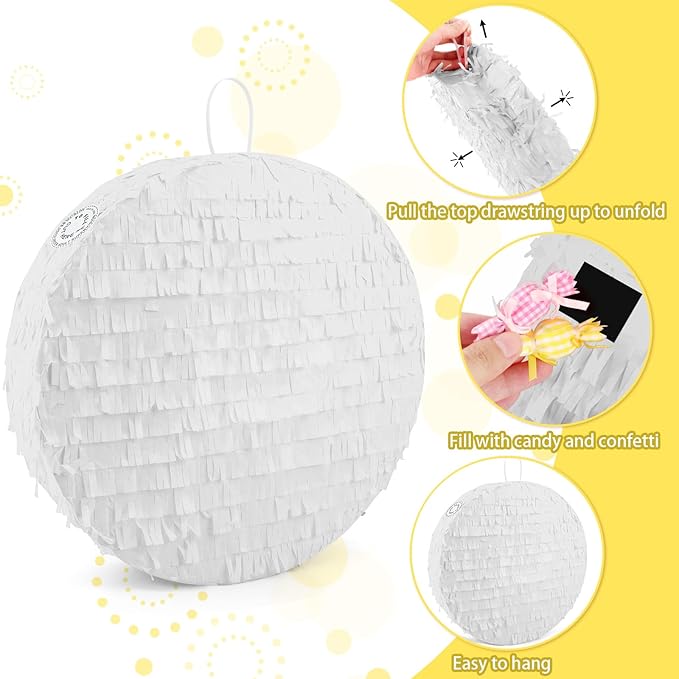 White Round Pinata with Stick Blindfold and Confetti DIY Blank Pinata for Adults Kids Birthday Party Supplies Carnivals Thanksgiving Decorations