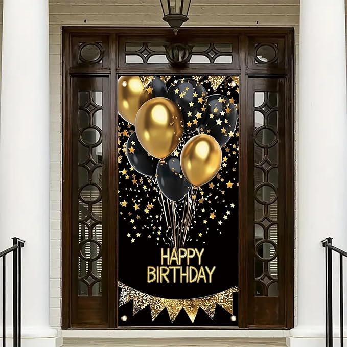 Happy Birthday Door Banner Decorations - Black and Gold Birthday Door Cover for Men Women, 35" x 71" Vertical Front Door Hanging Sign, Reusable Party Supplies for 18th 21st 30th 40th 50th 60th