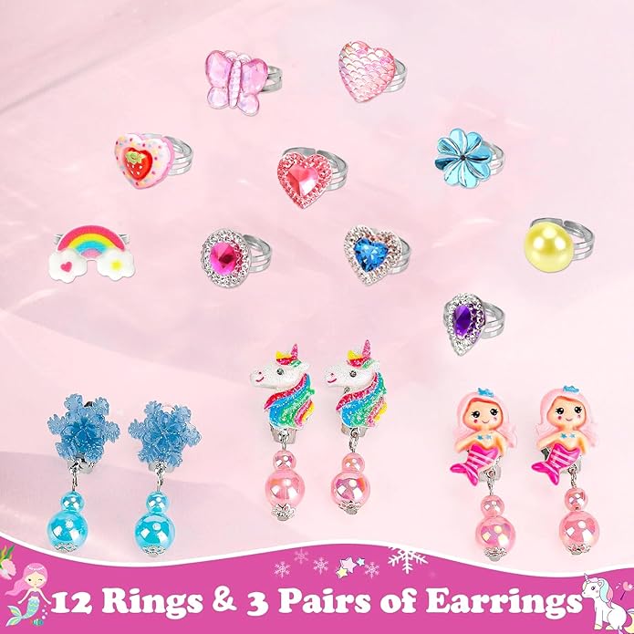 Kids Play Jewelry Sets, Princess Toys for Girls 4-6, 29 Pcs Little Girl Costume Jewelry, Unicorn Necklaces, Bracelets, Rings, Earrings, Dress Up Birthday Easter Gifts for Kids Pretend Play Party Favor