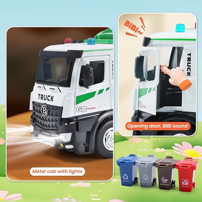 HOLYFUN 12'' Electric Garbage Truck Set with Front Loader/Metal Cab, Friction-Powered Recycling Vehicle with Dumpster, 4 Trash Bins & Sorting Cards, Trash Truck Toy with Lights/Sounds for Kids