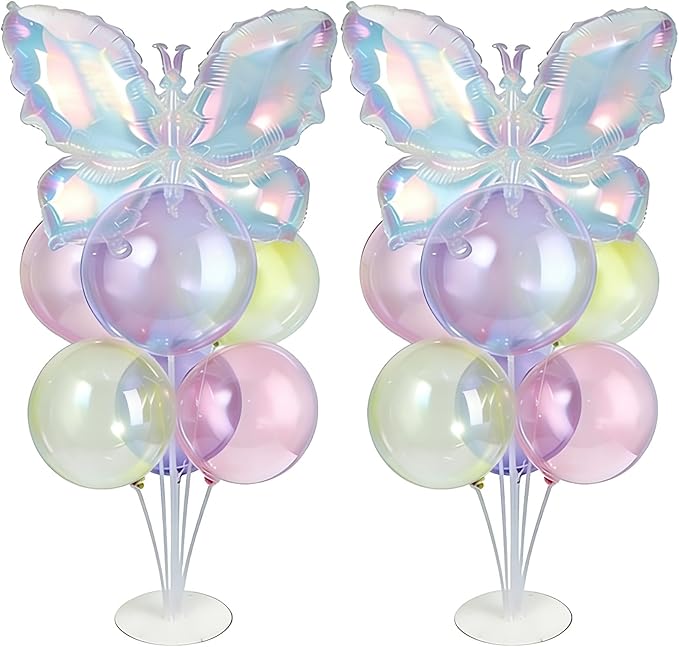 Colored Translucent Butterfly Party Balloons Stand Kit 2 Sets with Rainbow Holographic Clear Butterfly Foil Balloons Party Balloon Centerpiece for Tables for Holiday Birthday Wedding Decorations