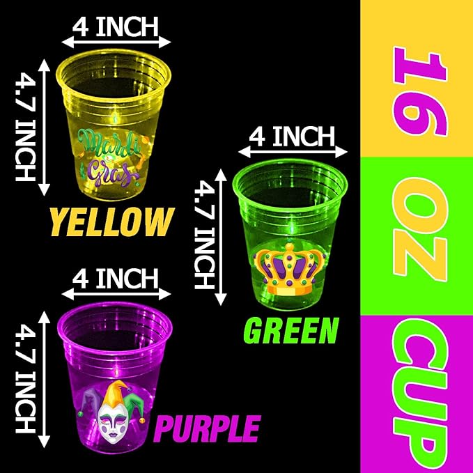 mishunyus 40 Pcs Mardi Gras Glow Cups for Party Theme Decorations, Party Favors Supplies, Accessories, Carnival Favors, New Orleans Style Party (16 oz)