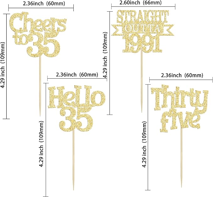 Ephlyn 24Pcs Happy 35th Birthday Cupcake Toppers Gold Thirty Five Cupcake Picks Hello 35 Cheers to 35 Years Birthday Cake Decorations for 35th Birthday Anniversary Party Decor Supplies