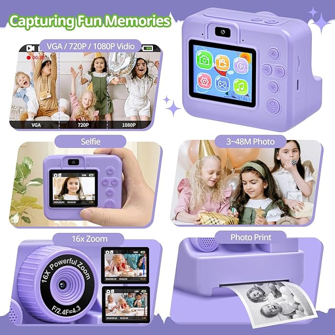 Kids Camera Instant Print, Christmas Birthday Gifts for Kids Age 3-12, Selfie Digital Camera with 1080P Videos,Toddler Portable Travel Camera Toy for 4 5 6 7 8 9 Year Old Boys (Purple)