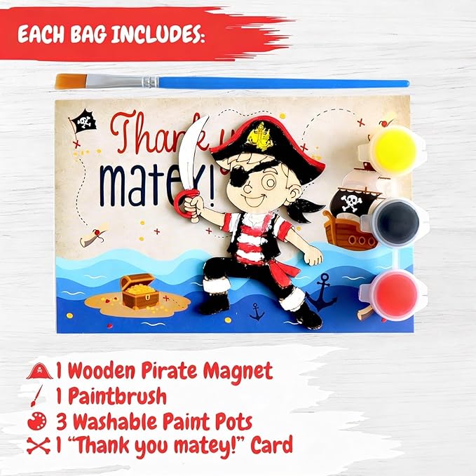 12 Pack Pirate Party Favors for Kids – Individually Wrapped Paint Your Own Wooden Magnet Craft Kits with Thank You Card, Treasure Hunt Birthday Supplies for Boys & Girls