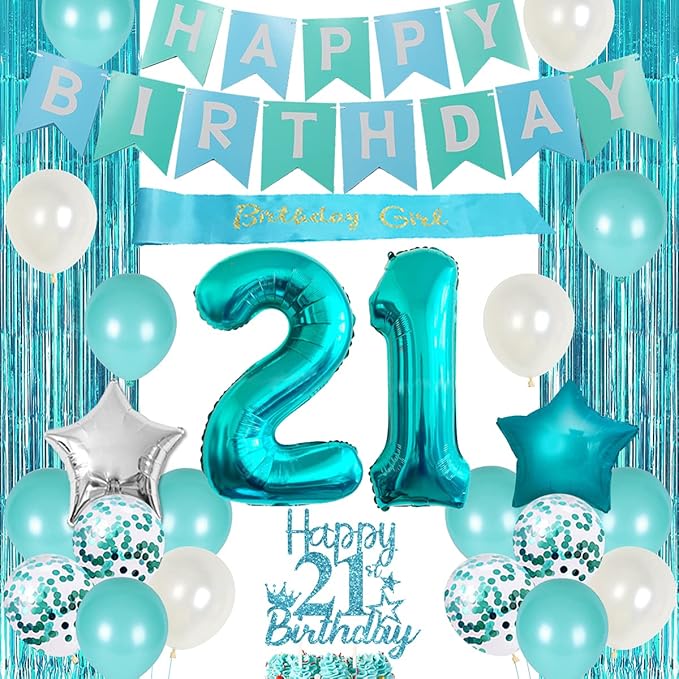 21st Birthday Decorations for Women - Teal Happy Birthday Banner, Cake Topper, Girl Sash, Number 21 Foil Balloon, Finally Legal Themed Twenty One Party Supplies