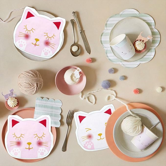 100Pcs Cat Napkins, 10.2 x 11.4 Inches Cute Kitty Party Napkin, Pink White Paw Print Paper Napkins, Cat Birthday Decorations Kitten Napkin for Kids Pet Kitty Birthday Party Supplies