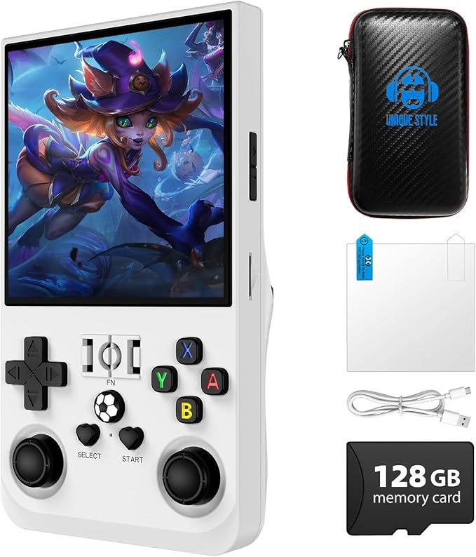 R36MAX Retro Game Console, 4.0 inch Retro Gaming Console with 128GB Memory, Video Game Consoles with 4000mAh Battery White