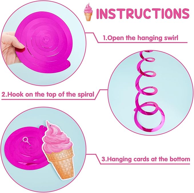 WERNNSAI 18PCS Ice Cream Hanging Swirls Party Decorations Summer Ceiling Streamers Decor Sweet Ice Cream Party Swirls Supplies for Girls Birthday Baby Shower