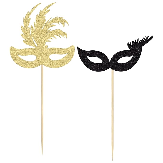 Gyufise 24 Pack Masquerade Masks Cupcake Topper Gold Black Glitter Mask Cake Topper Picks Dessert Cupcake Toppers for Masquerade Mardi Gras Party Baby Shower Birthday Party Decorations