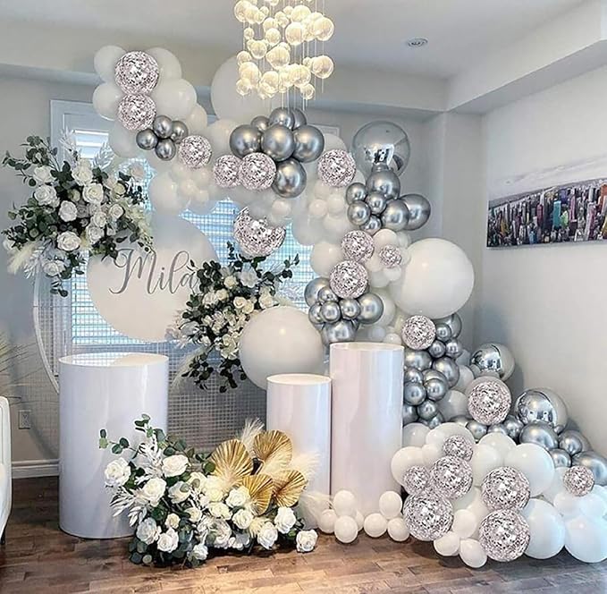 KALOR 10 Pcs 22 Inch White Mylar Balloons, Large 4D Giant Round Foil Balloon Big Mirror Metallic Balloons for Birthday Party Baby Shower Gender Reveal Supplies