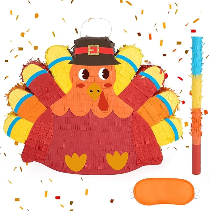WERNNSAI Thanksgiving Turkey Piñata - Fall Decorations Red Turkey Piñata Thanksgiving Games for Kids Fall Festival Autumn Decor Carnival Party Supply with Blindfold