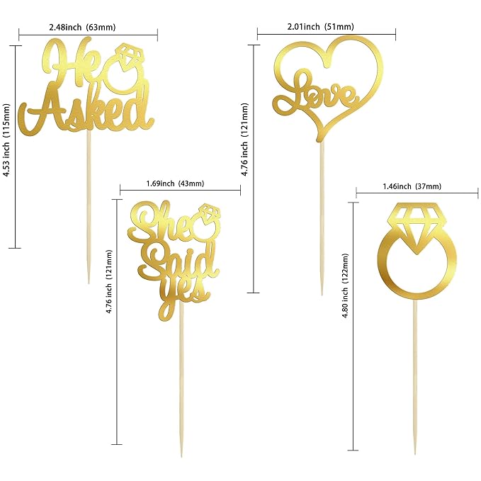 Gyufise 24 Pack Light Gold Glitter He Asked She Said Yes Cupcake Toppers Diamond Ring Heart Love Cake Picks for Wedding Engagement Party Cake Decorations