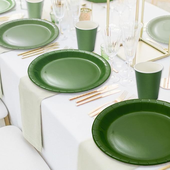Whaline 96Pcs Sage Green Tableware Set Serves 24 Gradient Green Disposable Dinnerware 24 9" Plates 24 7" Plate 24 9oz Cups 24 Napkins for Wedding Birthday Party Supplies