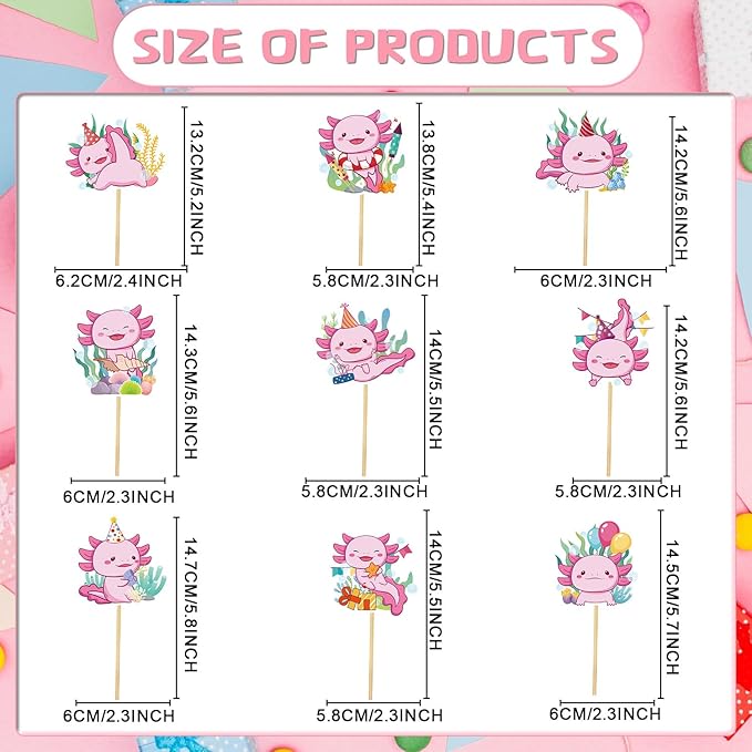 Axolotl Birthday Cupcake Toppers, 36PCS Cute Axolotl Birthday Decorations Supplies, Pink Salamander Baby Shower Cupcake Toppers Decor for Kids Girls