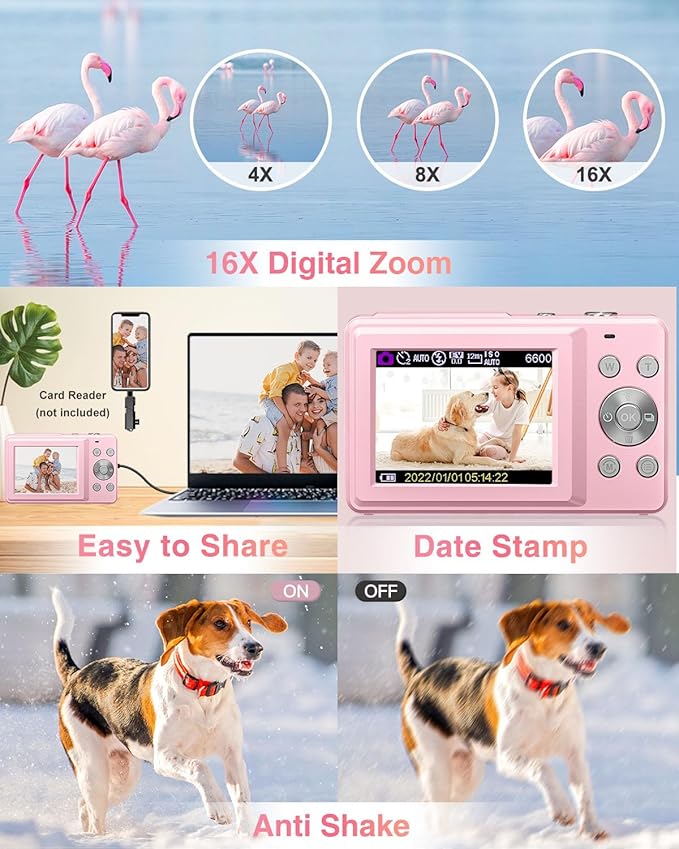 Digital Camera, FHD 1080P Point and Shoot Kids Camera, with 32GB Card, 2 Batteries, 16X Zoom Anti Shake Date Stamp, Compact Portable Small, for Starter Kid Children Teen Student Girl Boy(Pink)